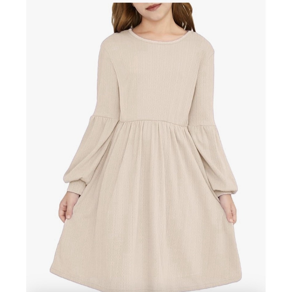 Beige Girls Long Sleeve Midi Dress with Balloon Sleeves, SZ 9-10 Girls [P]